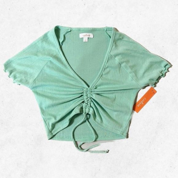 COLSIE Mint Crop Top Short Sleeves Stretch Shirred Front Size S V‎ Neck NWT - Picture 1 of 7